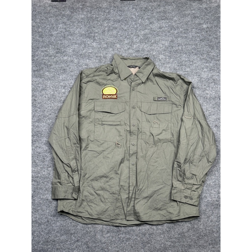 Eddie Bauer Men 2XL Fishing Shirt Olive Green ROHVA Embroidered Long Sleeve‎